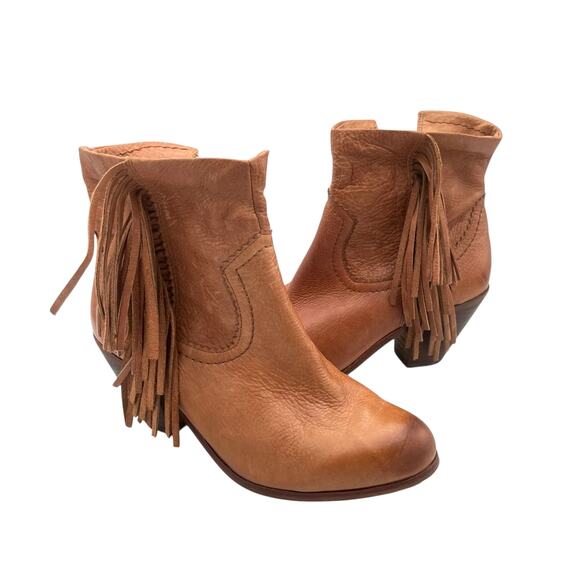 Sam Edelman Louie Soft Cognac Leather Fringe Boho Western Zipper Ankle Boots - Picture 1 of 15
